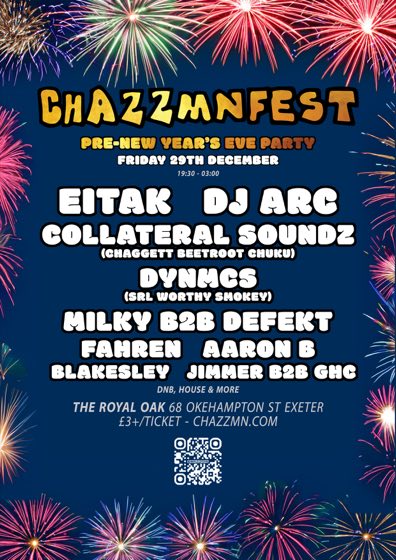 CHAZZMNFEST Pre-New Year's Eve Party poster. Fri 29 December 2023, The Royal Oak, Exeter