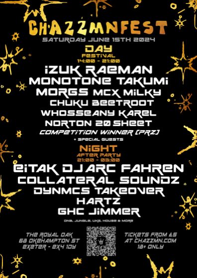 CHAZZMNFEST Day/Night poster. Sat 15 June 2024, The Royal Oak, Exeter