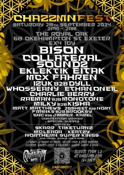 CHAZZMNFEST, biggest lineup yet poster. Sat 28 September 2024, The Royal Oak, Exeter