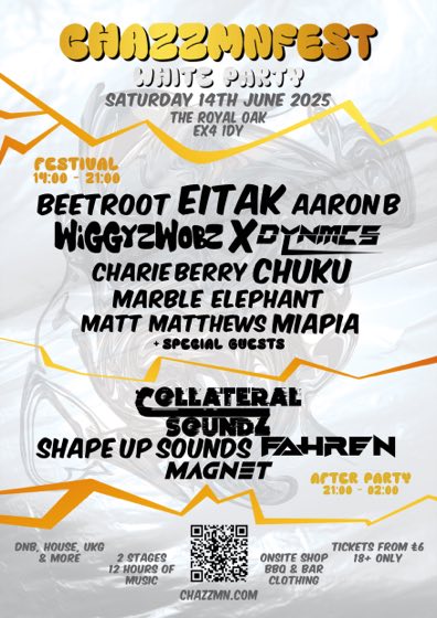 CHAZZMNFEST White Party poster. Sat 14 June 2025, The Royal Oak, Exeter